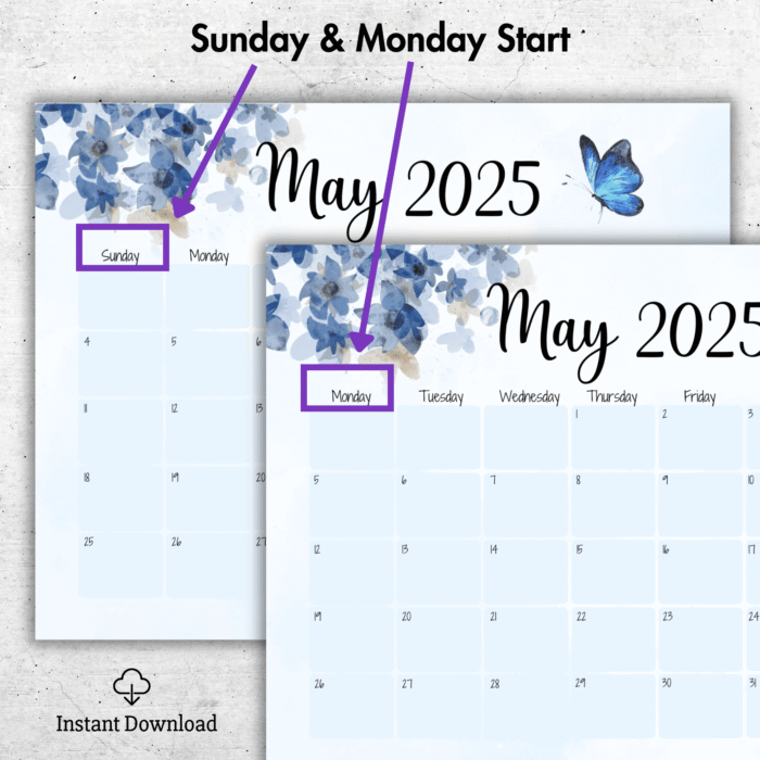 Blue Floral Printable May 2025 Calendar ? Butterfly Theme - Image 2