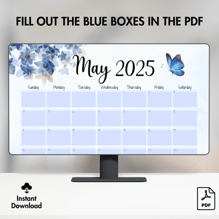 Blue Floral Printable May 2025 Calendar ? Butterfly Theme - Image 5