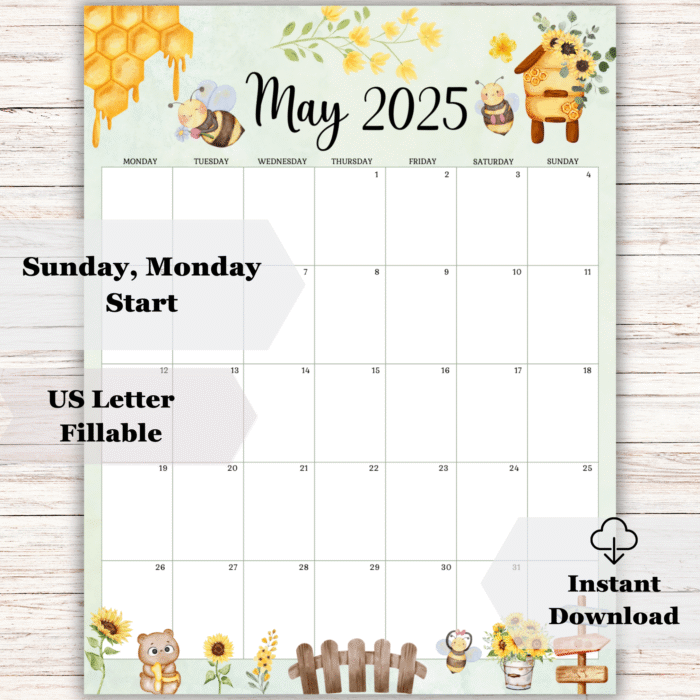 May 2025 Calendar with Cute Beehive & Sunflower Theme, Printable - Image 2