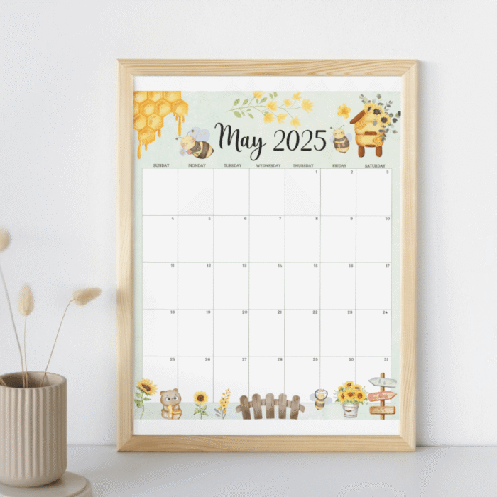 May 2025 Calendar with Cute Beehive & Sunflower Theme, Printable - Image 3