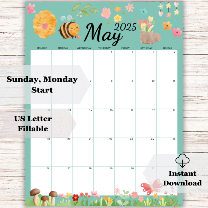 Printable May 2025 Calendar with Cute Bee & Spring Flowers Theme - Image 2