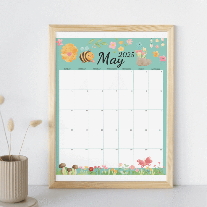 Printable May 2025 Calendar with Cute Bee & Spring Flowers Theme - Image 4
