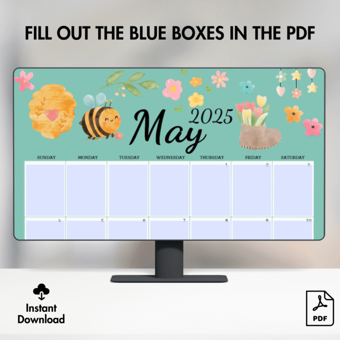 Printable May 2025 Calendar with Cute Bee & Spring Flowers Theme - Image 5