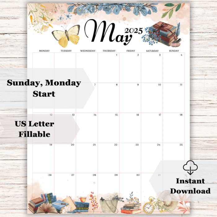 Printable May 2025 Calendar ? Vintage Books - Image 2