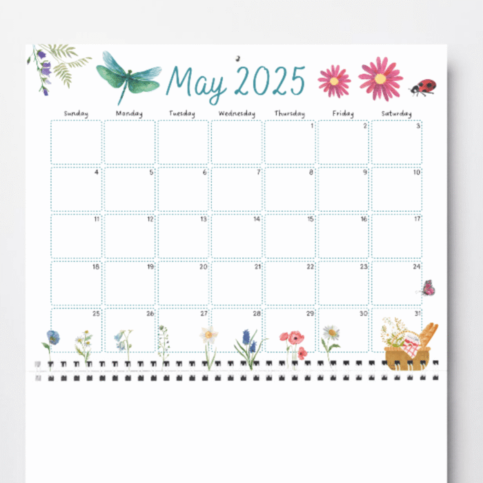 Printable May 2025 Calendar with Dragonfly & Wildflower Theme - Image 3