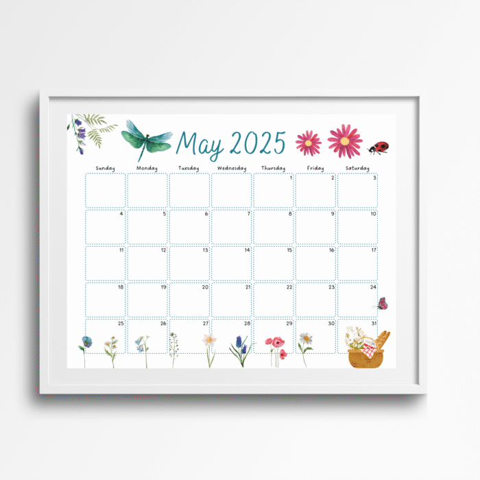 Printable May 2025 Calendar with Dragonfly & Wildflower Theme - Image 6