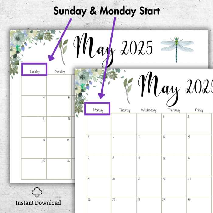 Dragonfly Theme May 2025 Calendar ? Botanical, Printable - Image 2