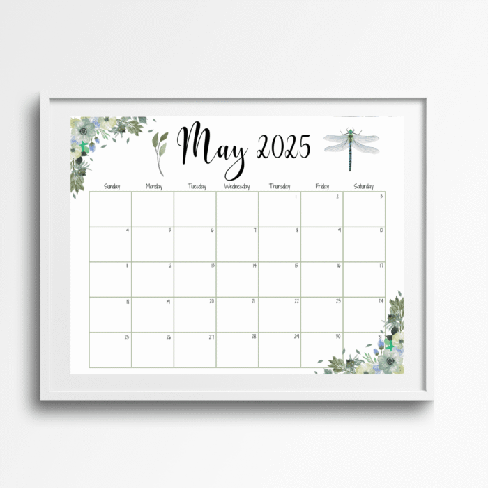 Dragonfly Theme May 2025 Calendar ? Botanical, Printable - Image 3