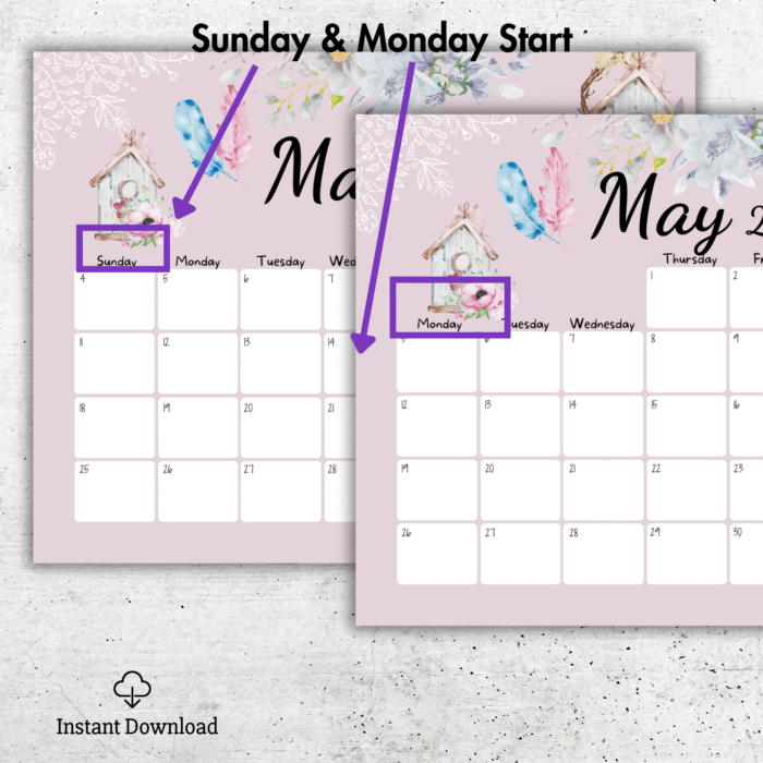 May 2025 Calendar with Rustic Birdhouse, Printable - Image 2