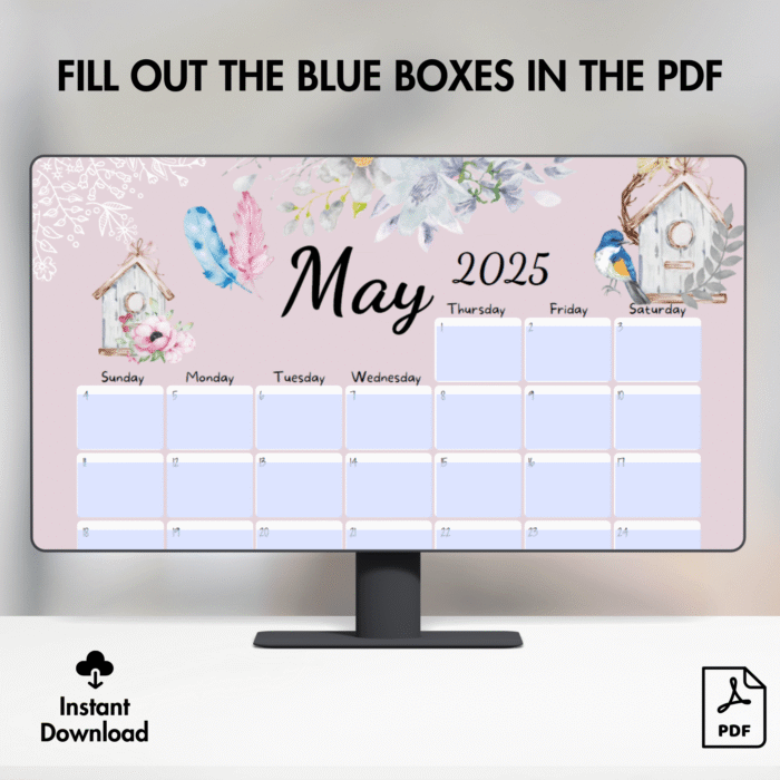 May 2025 Calendar with Rustic Birdhouse, Printable - Image 5