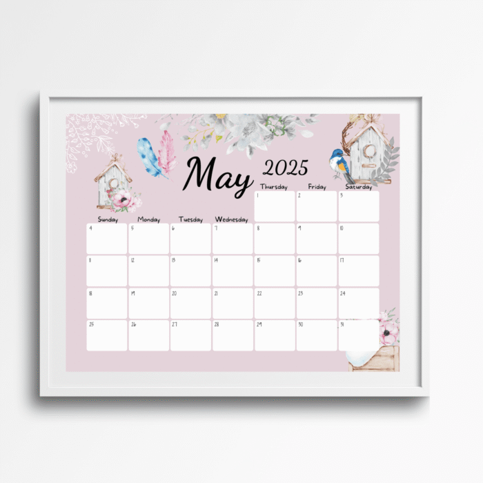 May 2025 Calendar with Rustic Birdhouse, Printable - Image 6