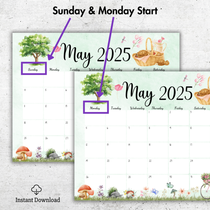 Nature Theme May 2025 Calendar ? Spring Picnic, Printable - Image 2
