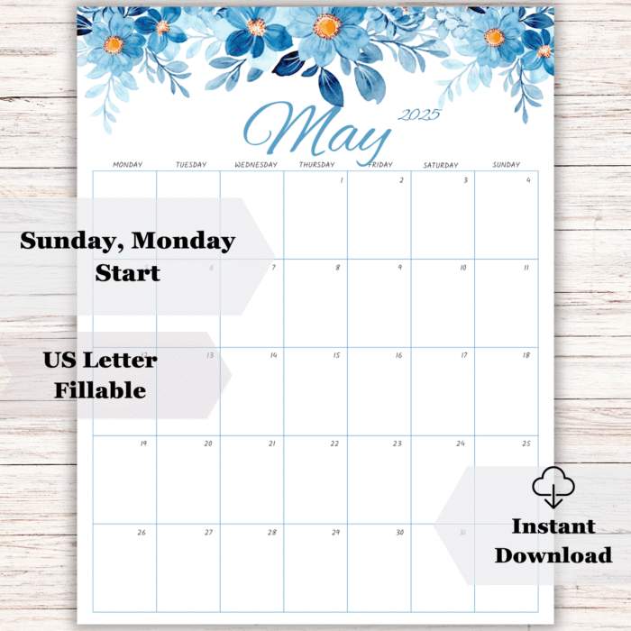 Blue Floral Design May 2025 Calendar, Printable - Image 2