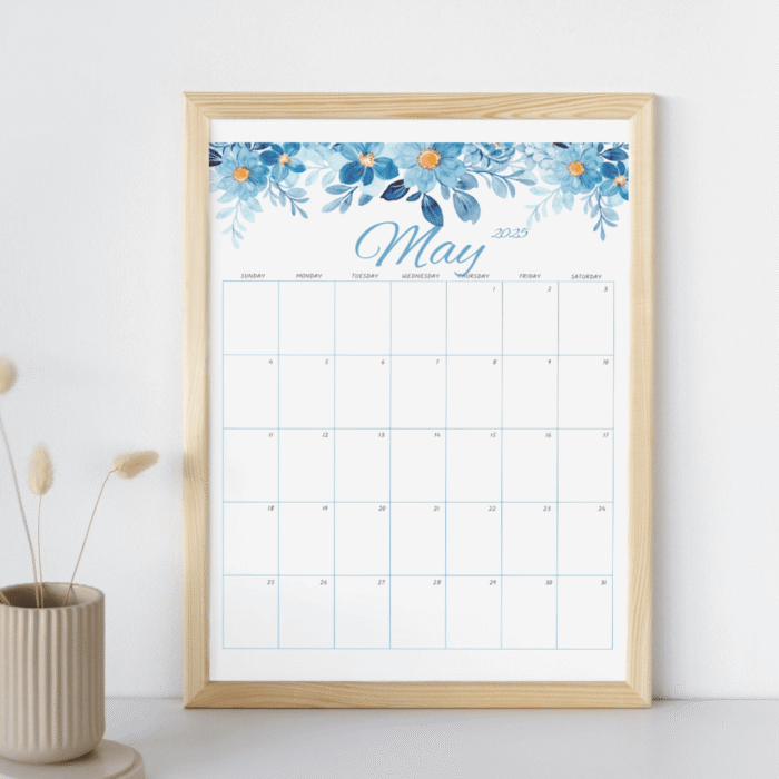 Blue Floral Design May 2025 Calendar, Printable - Image 6