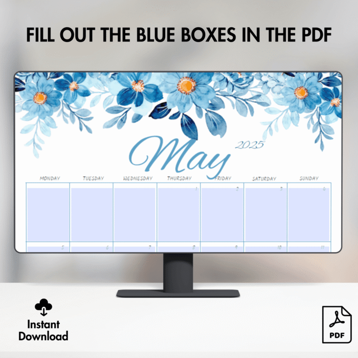Blue Floral Design May 2025 Calendar, Printable - Image 5