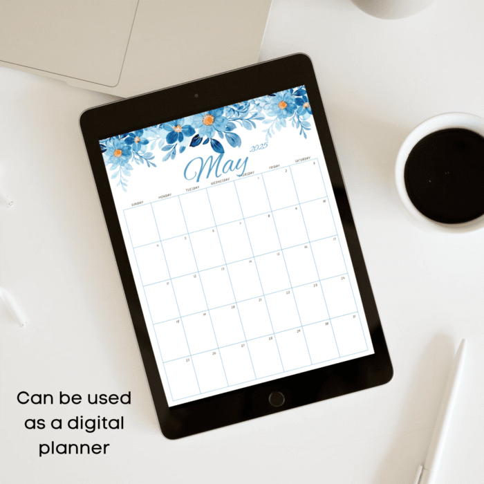 Blue Floral Design May 2025 Calendar, Printable - Image 3