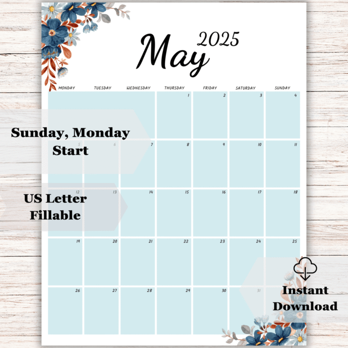 Printable May Calendar 2025 ? Elegant Blue & Rust Floral Design - Image 2