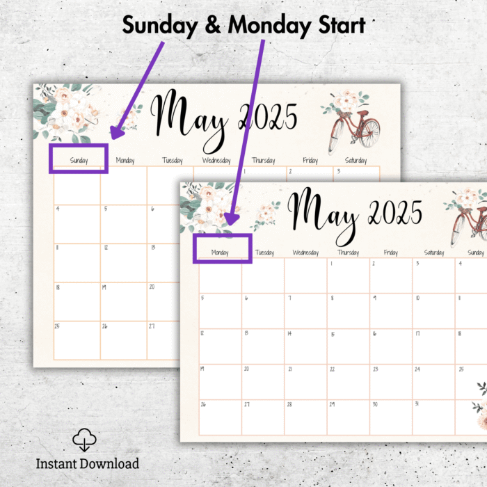 Soft Floral Theme May 2025 Calendar ? Vintage Bicycle, Printable - Image 2