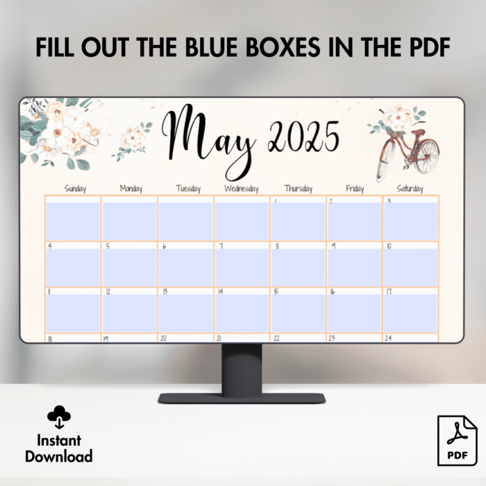Soft Floral Theme May 2025 Calendar ? Vintage Bicycle, Printable - Image 5
