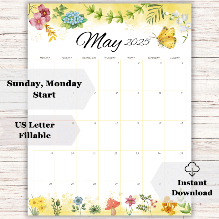 May 2025 Calendar with Spring Flowers & Butterfly Theme, Printable - Image 2