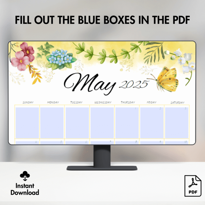 May 2025 Calendar with Spring Flowers & Butterfly Theme, Printable - Image 5