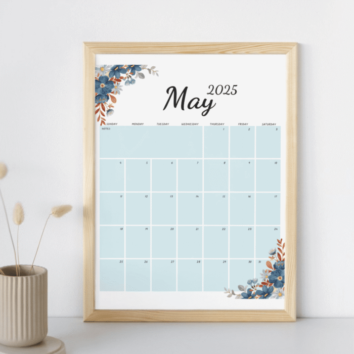 Printable May Calendar 2025 ? Elegant Blue & Rust Floral Design - Image 3