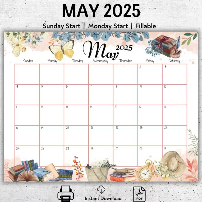 Printable May 2025 Calendar â€“ Vintage Books & Garden Theme