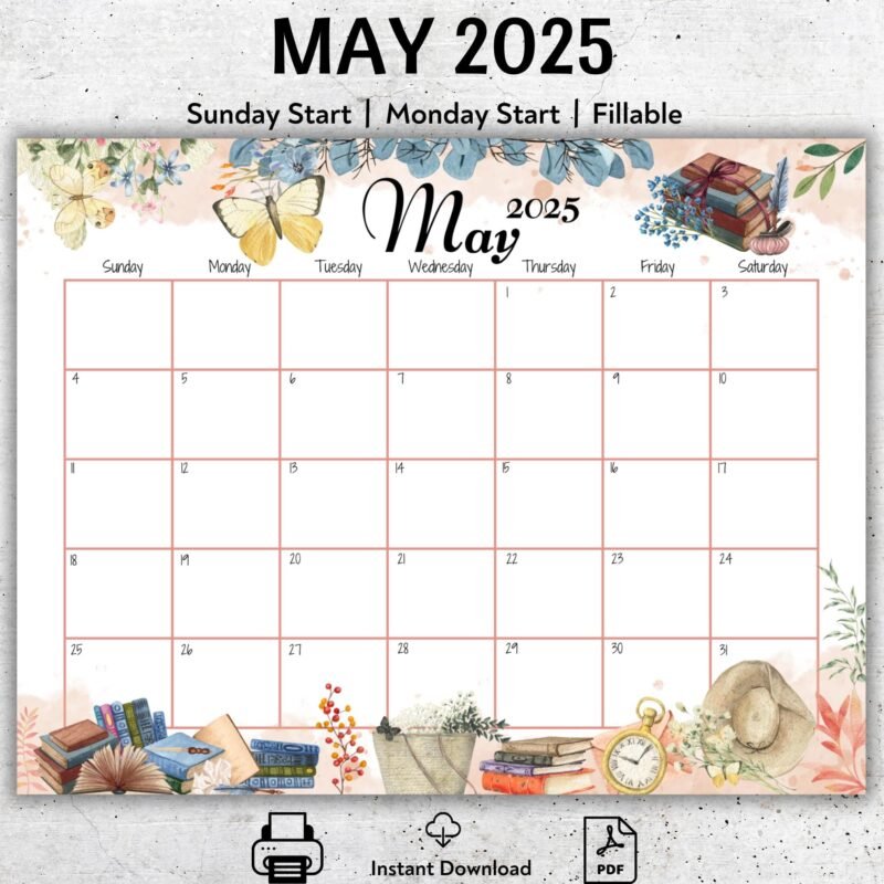 Printable May 2025 Calendar â€“ Vintage Books & Garden Theme