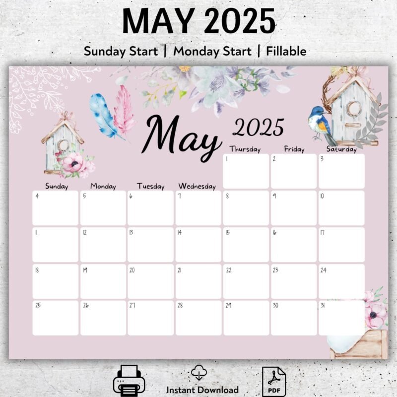 May 2025 Calendar with Rustic Birdhouse