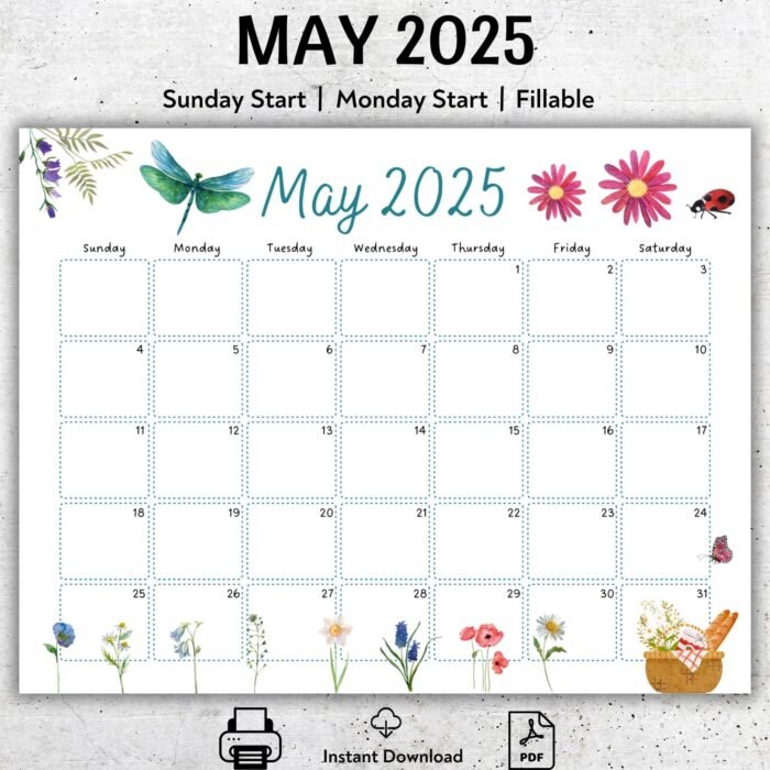 Printable May 2025 Calendar with Dragonfly
