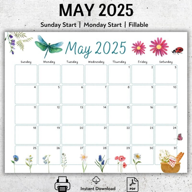 Printable May 2025 Calendar with Dragonfly