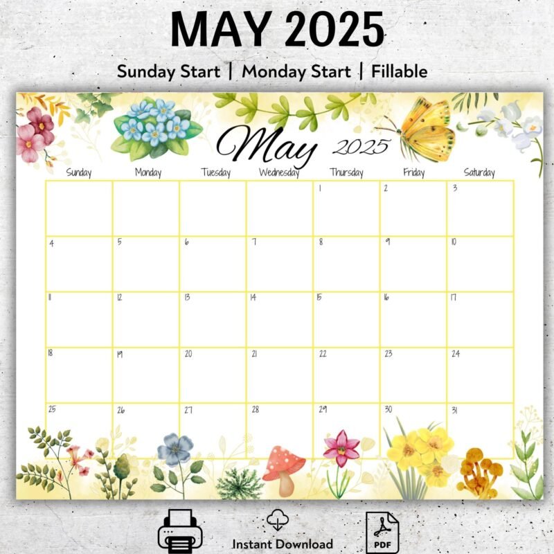 Spring Garden Theme May 2025 Calendar