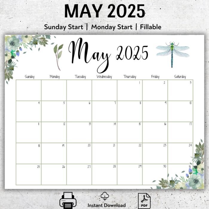 Dragonfly Theme May 2025 Calendar