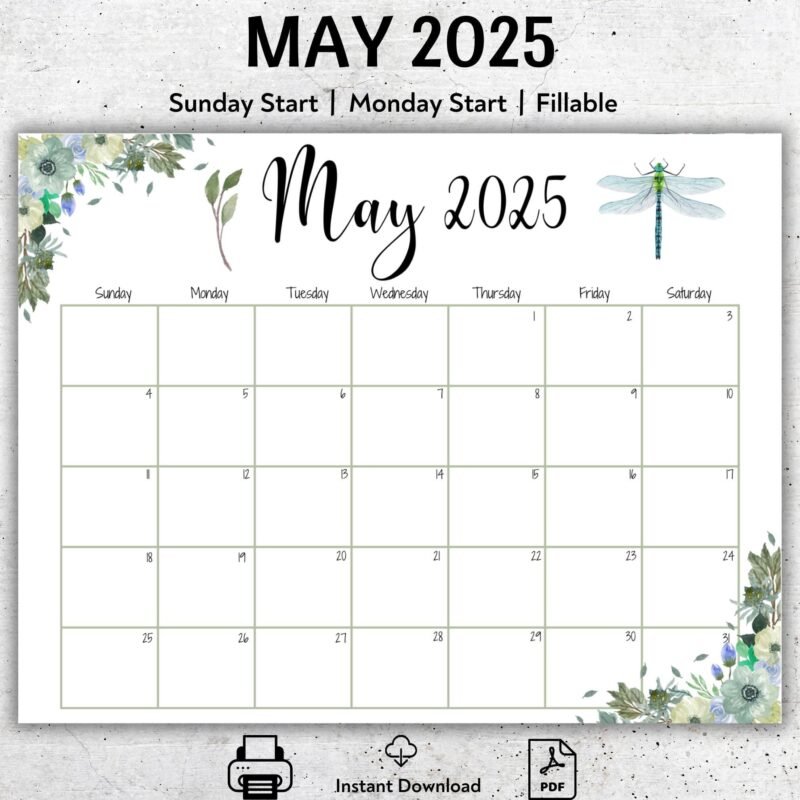 Dragonfly Theme May 2025 Calendar