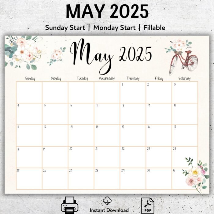 Soft Floral Theme May 2025 Calendar
