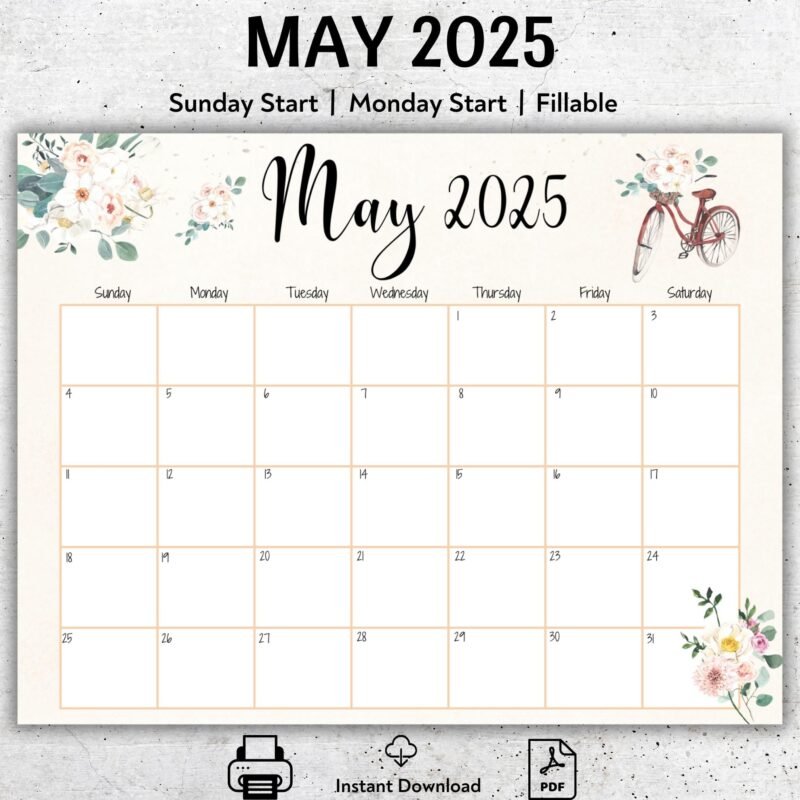 Soft Floral Theme May 2025 Calendar