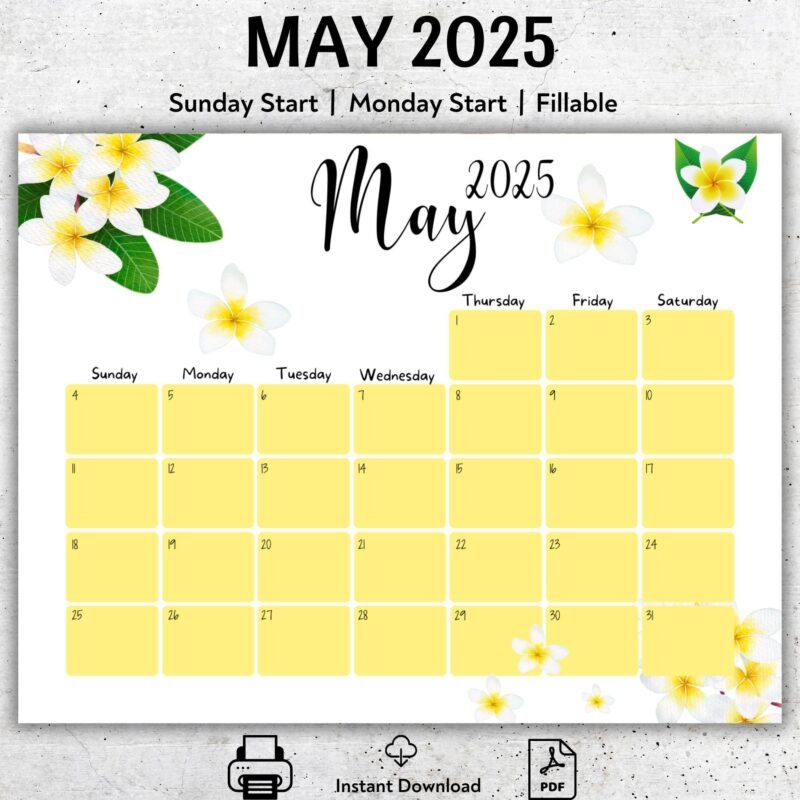 Printable May 2025 Calendar with Tropical Flowers