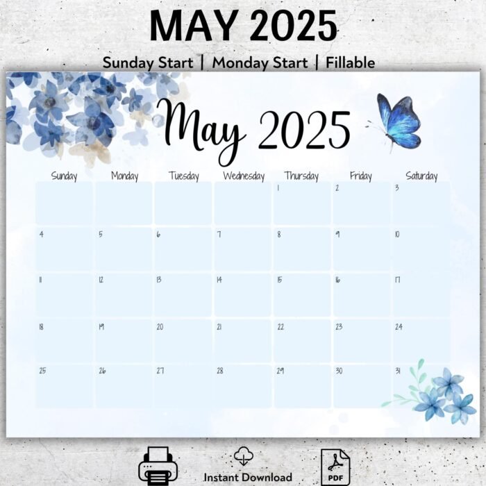 Blue Floral Printable May 2025 Calendar