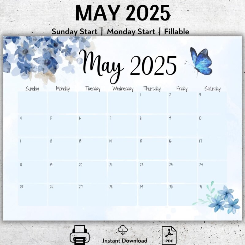 Blue Floral Printable May 2025 Calendar