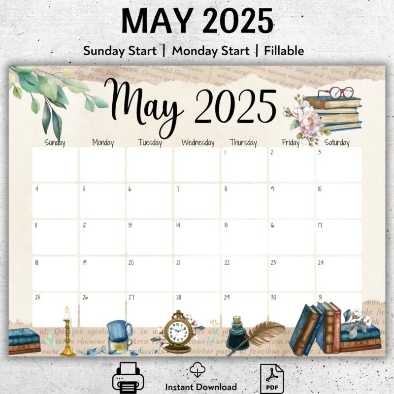 Printable May 2025 Calendar with Vintage Books