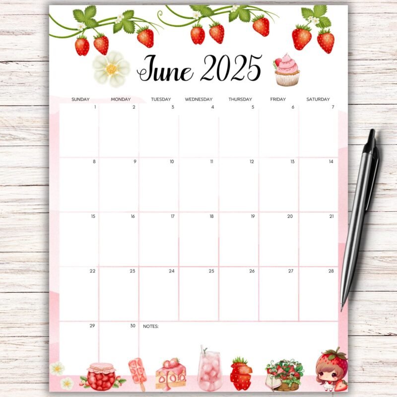 Printable June 2025 Strawberry Calendar