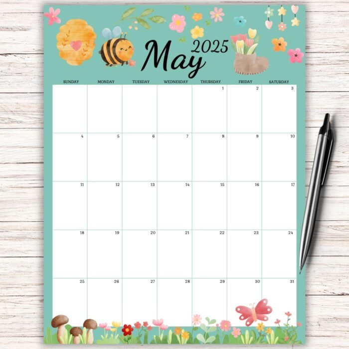Printable May 2025 Calendar with Cute Bee