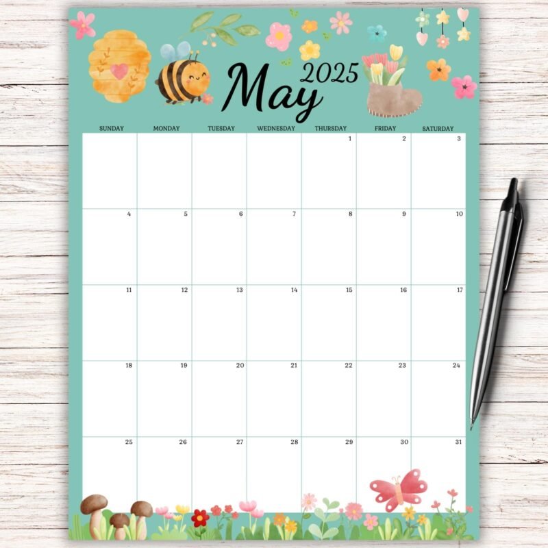 Printable May 2025 Calendar with Cute Bee