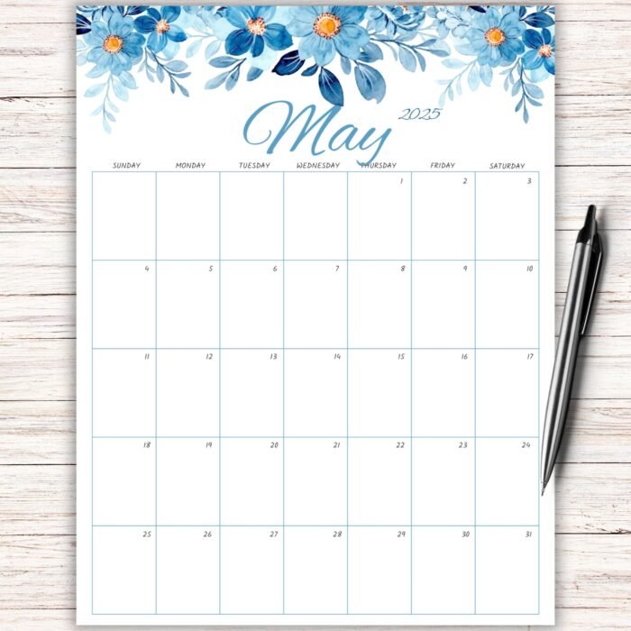 Blue Floral Design May 2025 Calendar