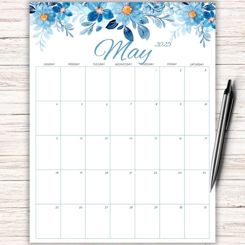 Blue Floral Design May 2025 Calendar