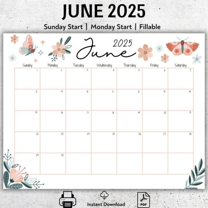Boho Theme Printable June 2025 Calendar