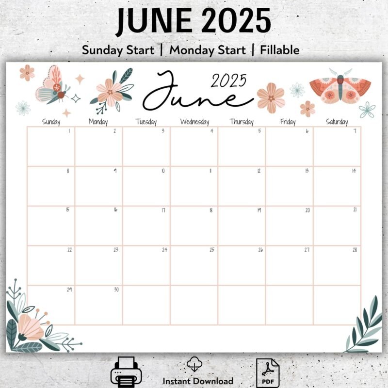 Boho Theme Printable June 2025 Calendar