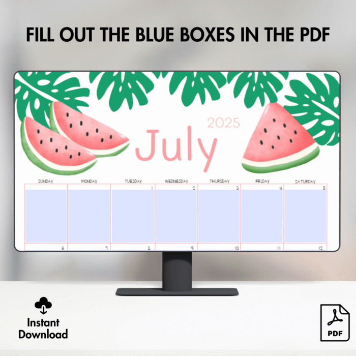 Watermelon July 2025 Printable Calendar ? Fillable PDF, US Letter, Instant Download - Image 4
