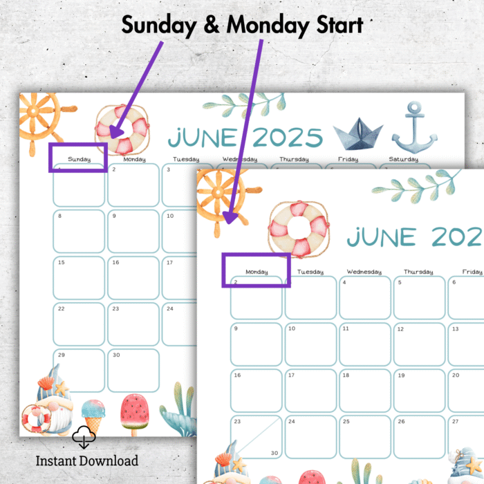 June 2025 Nautical-Themed Calendar, Printable - Image 2