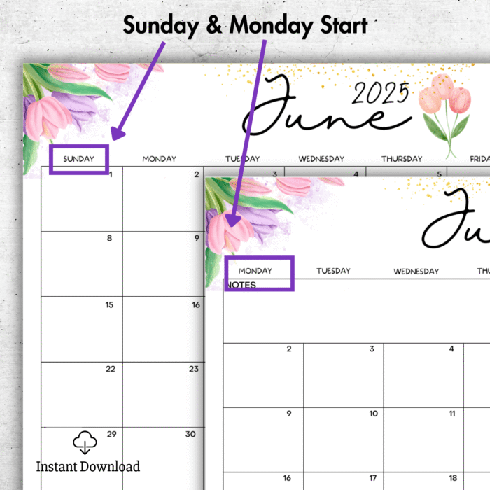 June 2025 Tulip Floral Printable Calendar ? Fillable PDF - Image 2